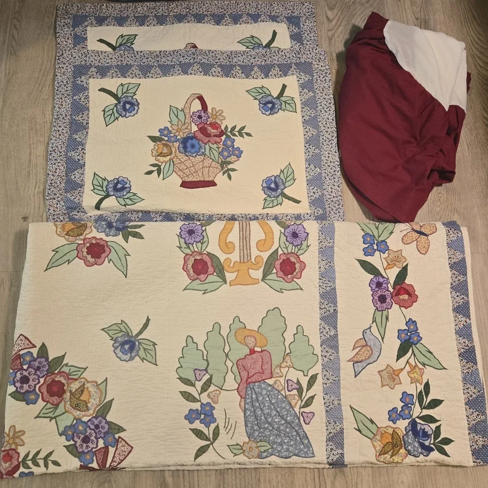 Beautiful VTG Limited Edition Quilt Shams Skirt APPLIQUÉ Queen 86x86 Cottagecore